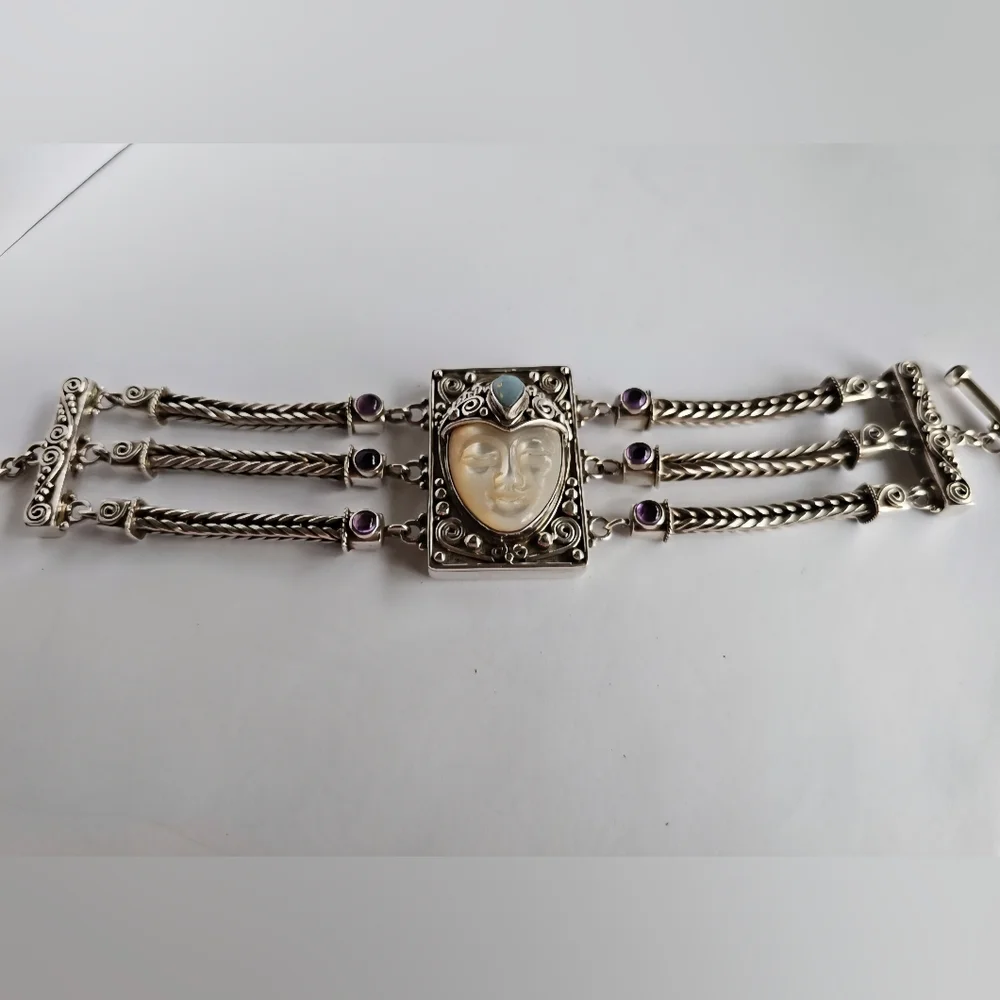 Sajan Multi-Strand Silver Carved Mother of Pearl Face Bracelet Amethys Chalcedon - Picture 2 of 5